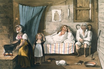 Inside a Cottage, fra A Picturesque Tour of the English Lakes af T.H. Fielding og J. Walton, udgivet af R. Ackermann, London, 1821 (håndfarvet akvatint) af English School