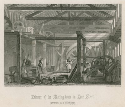 Interiør af John Bunyans mødehus i Zoar Street, Gravel Lane, Southwark af English School