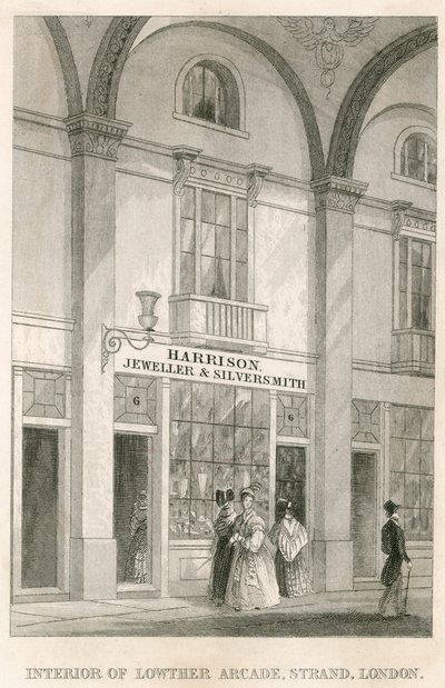 Interiør af Lowther Arcade, Strand, London, med Harrison, juveler og sølvsmed af English School