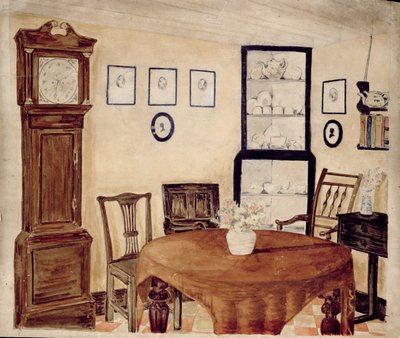 Interiør af et antikvitetshandlerhus, ca. 1870 (wc på papir) af English School