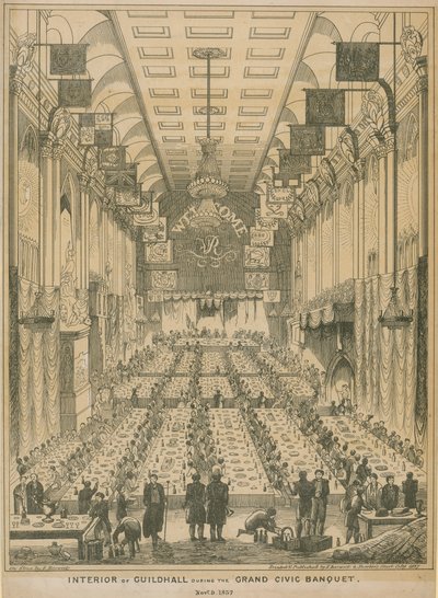Interiør af Guildhall under den store borgerbanket, 9. november 1837 af English School