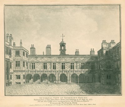 Indvendig udsigt Somerset House, The Strand, London; baseret på et tryk tegnet af W Moss i 1777 af English School