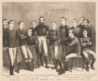 International fodboldkamp på Kennington Oval: England vs. Skotland - The Scotch Team, fra The Graphic, 1879 af English School