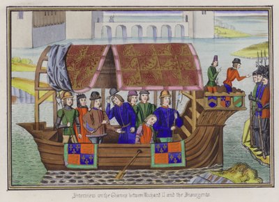 Interview på Themsen mellem kong Richard II og oprørerne (farvet indgravering) af English School