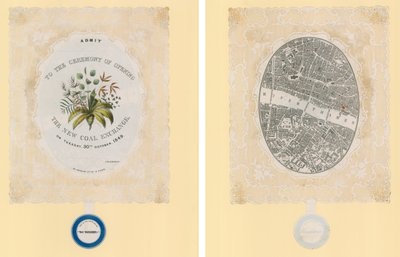 Invitation til ceremonien for åbning af den nye kulbørs, 30. oktober 1849, foran og bagpå af English School
