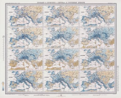 Isobarer og Isohyets, Central- og Sydeuropa (farve litho) af English School