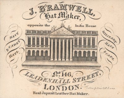 J Branwell, hattemager, 146 Leadenhall Street, handelskort af English School