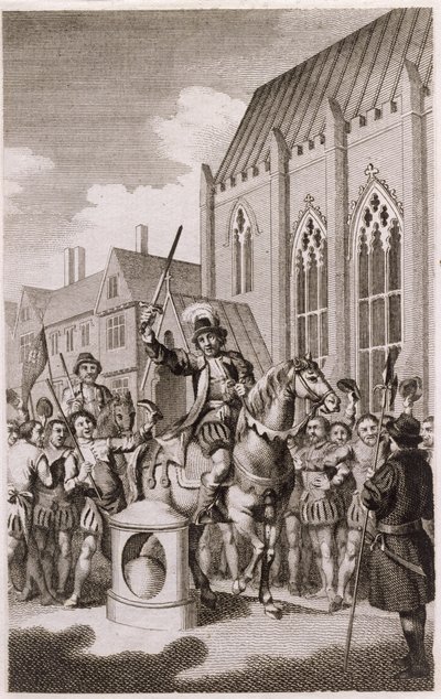 Jack Cades Rebellion i 1450: Cade erklærer sig selv Lord of the City of London ved London Stone, Cannon Street, ca. 1770 af English School