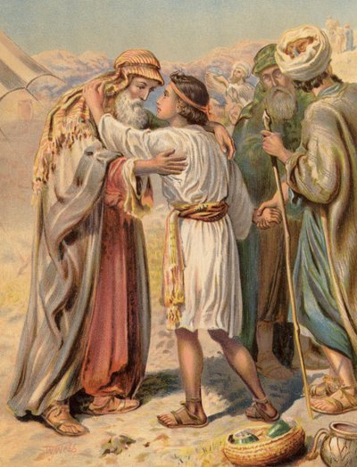 Jakob skilles fra Benjamin, Genesis, XLIII (farve litho) af English School