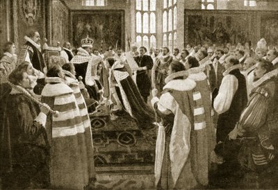 James I investerer sin søn Charles som prins af Wales, 1616, illustration fra Hutchinsons Story of the British Nation, ca. 1923 af English School