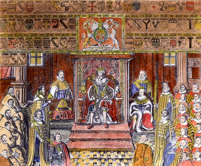James I af England (1566-1625) ved Court, (gravering) (senere farvelægning) af English School