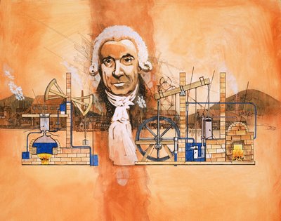 James Watt med ovne og mekaniske pumper i baggrunden af English School