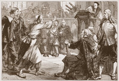 Janet Geddes kaster sin skammel mod dekanen i Edinburgh, illustration fra The History of Protestantism af James Aitken Wylie (1808-1890), pub. 1878 af English School
