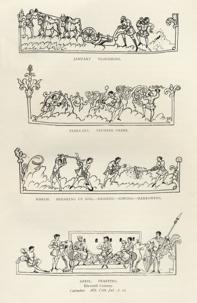 Januar, februar, marts og april, fra "The Julius Calendar and Hymnal", illustration fra "History of the English People af English School