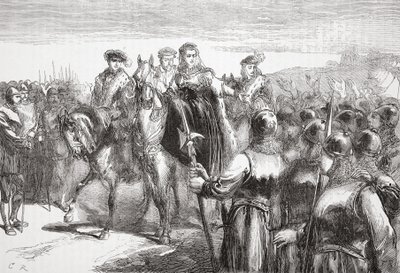 Jeanne DAlbret, dronning af Navarra, taler til huguenotsoldaterne, illustration fra The History of Protestantism af James Aitken Wylie (1808-1890), pub. 1878 af English School