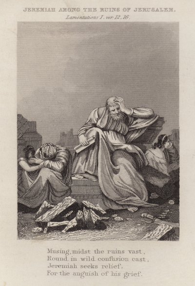 Jeremias blandt ruinerne af Jerusalem, Klagesange I, vers 12 af English School