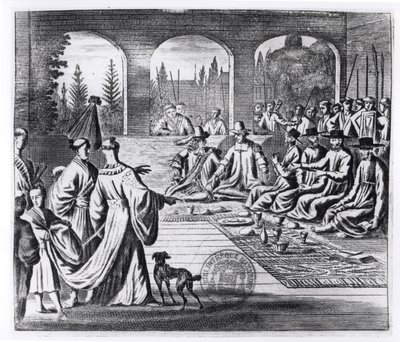 Jesuitter med hollandske og portugisiske købmænd ved den japanske kejsers hof, illustration fra En mindeværdig ambassade til kejseren af Japan af Arnold Montanus, udgivet i London 1670 af English School