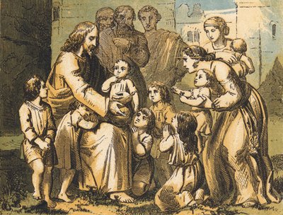 Jesus velsigner små børn (farvet indgravering) af English School