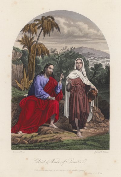 Jesus Kristus og kvinden fra Samaria (koloreret stik) af English School