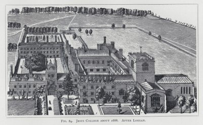 Jesus College omkring 1688, efter Loggan (gravering) af English School