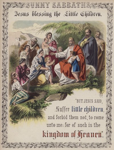 Jesus velsigner de små børn (farvet indgravering) af English School
