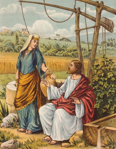 Jesus taler med kvinden fra Samaria (farvelitografi) af English School