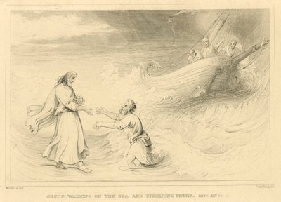 Jesus går på havet og støtter Peter, Matthæus XIV, 24-33 (gravering) af English School
