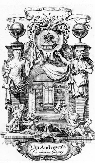John Andrewss Circulating Library bogplade af Joseph Shepperd, udgivet i Calcutta, 1774 af English School