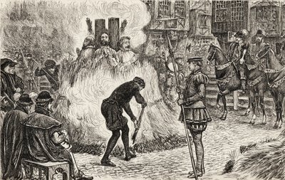 John Bland, John Frankesh, Nicholas Sheterden og Humphrey Middleton brændt levende for kætteri i det 16. århundrede, ca. 1865 (træstik) af English School