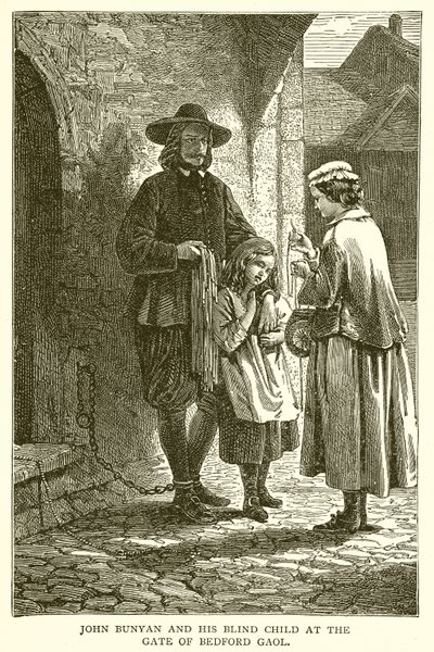 John Bunyan og hans blinde barn ved Gate of Bedford Gaol af English School
