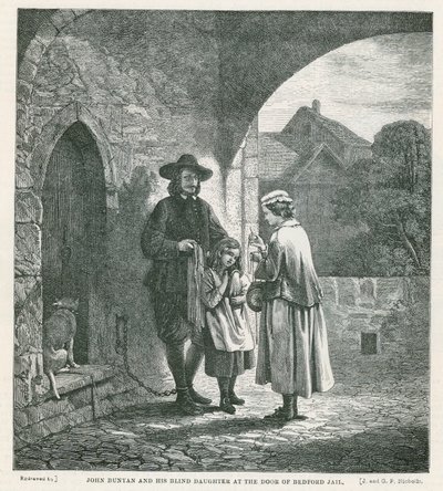 John Bunyan og hans blinde datter ved døren til Bedford-fængslet af English School