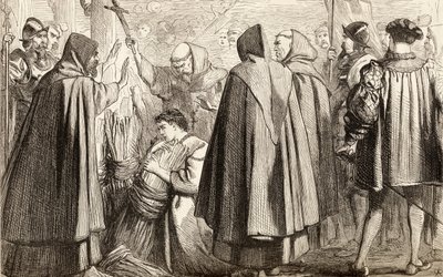John Frith ved at blive brændt på bålet for kætteri i 1533, ca. 1865 (træstik) af English School