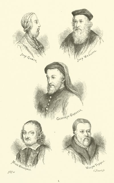 John Gower, John Wycliffe, Geoffrey Chaucer, Miles Coverdale, William Tyndale af English School