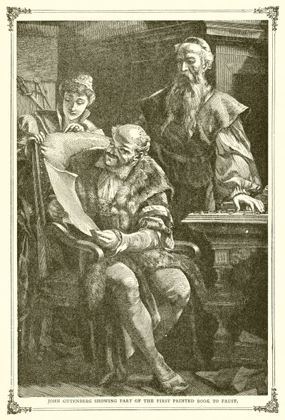 John Gutenberg viser en del af den første trykte bog til Faust af English School