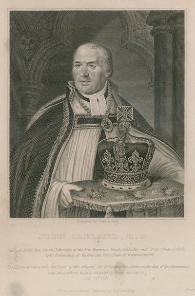 John Ireland, der holdt kronen ved kroningen af Hans Majestæt Kong George IV af English School