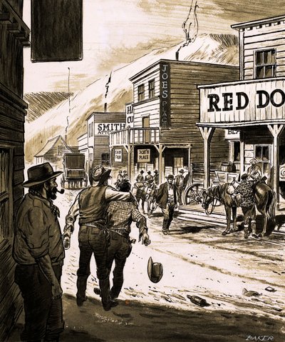 John Sutter opdagede guld i Sacramento Valley og begyndte det store guldfeber i Californien i 1847 (gouache på papir) af English School