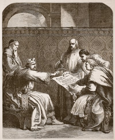 John nægter at underskrive baronernes artikler, illustration fra Cassells Illustrated History of England (sepia foto) af English School