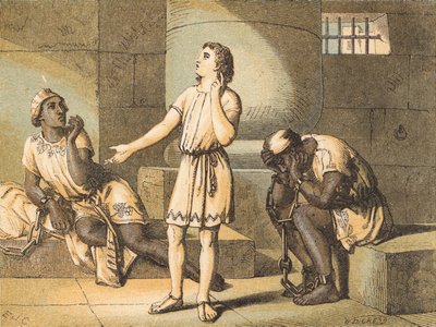 Joseph i fængsel (farvet gravering) af English School