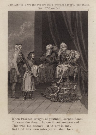 Josef fortolker Faraos drøm, Genesis XLI, ver 1-8 (gravering) af English School