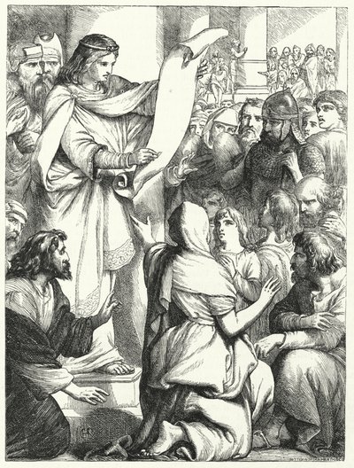 Josias, Judas konge, læser loven for folket (gravering) af English School