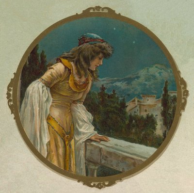 Juliet på hendes balkon, scene fra Shakespeares Romeo og Julie (chromolitho) af English School