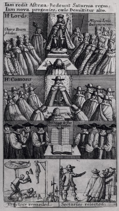 Kong Charles II (1630-85) med parlamentets huse, 1660 af English School