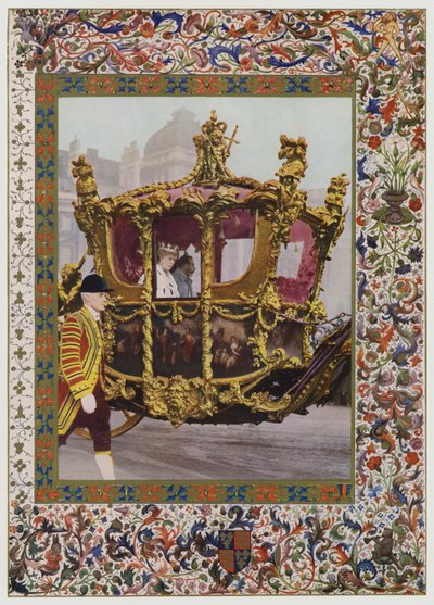 Kong George V og Queen Mary kører i statsvognen (farve litho) af English School
