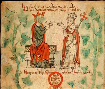 Kong Henrik II sad på tronen og skændtes med Thomas Becket, illustration fra 