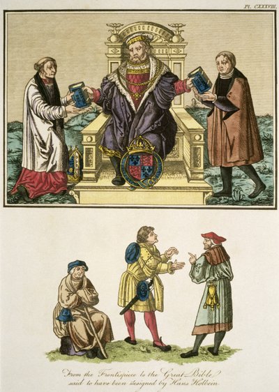Kong Henrik VIII (1491-1547) fra frontispicen til Den Store Bibel, siges at være designet af Hans Holbein (14978-1543) illustration fra The Complete View of the Dress and Habits of the People o af English School