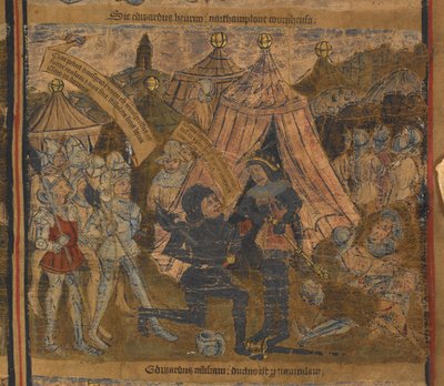Kong Henry VI taget til fange efter slaget ved Northampton i 1460 af Edward af York (efterfølgende kong Edward IV) og jarlerne af Warwick og Salisbury, illustration fra 