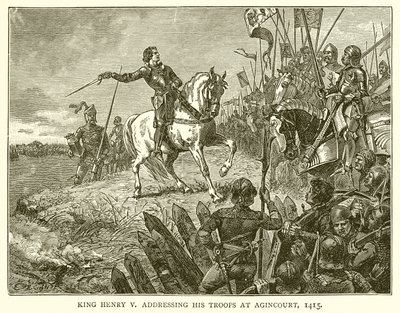 Kong Henrik V taler til sine tropper ved Agincourt, 1415 af English School