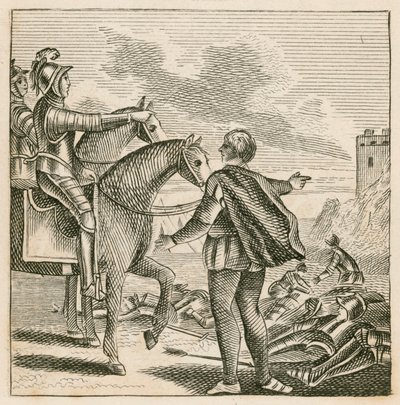 Kong Henry V ser på slagmarken efter franskmændenes nederlag ved Agincourt af English School