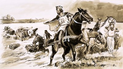 Kong John blev plyndret af tidevandet (gouache på papir) af English School