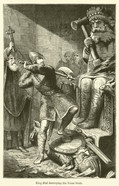Kong Olaf ødelægger de nordiske guder (gravering) af English School